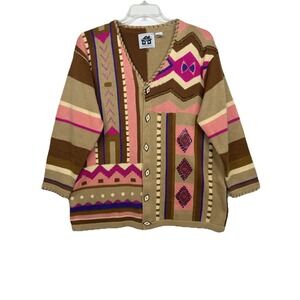 Storybook Knits Southwestern Aztec Sequin Cardigan Sweater w/ Buttons Women's 1X